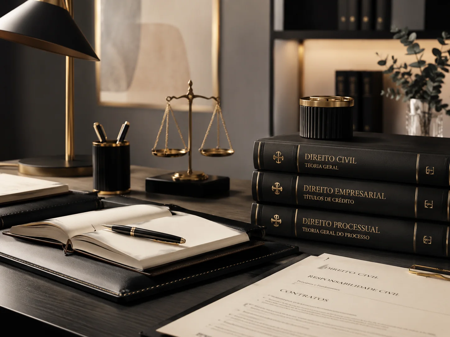 Ambiente de trabalho jurídico com livros e documentos